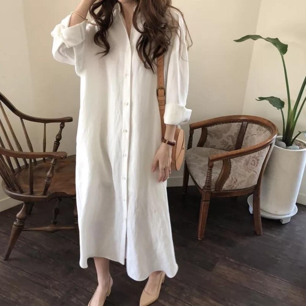 Shirt dress long women’s button collar top pockets white black - Picture 7 of 16